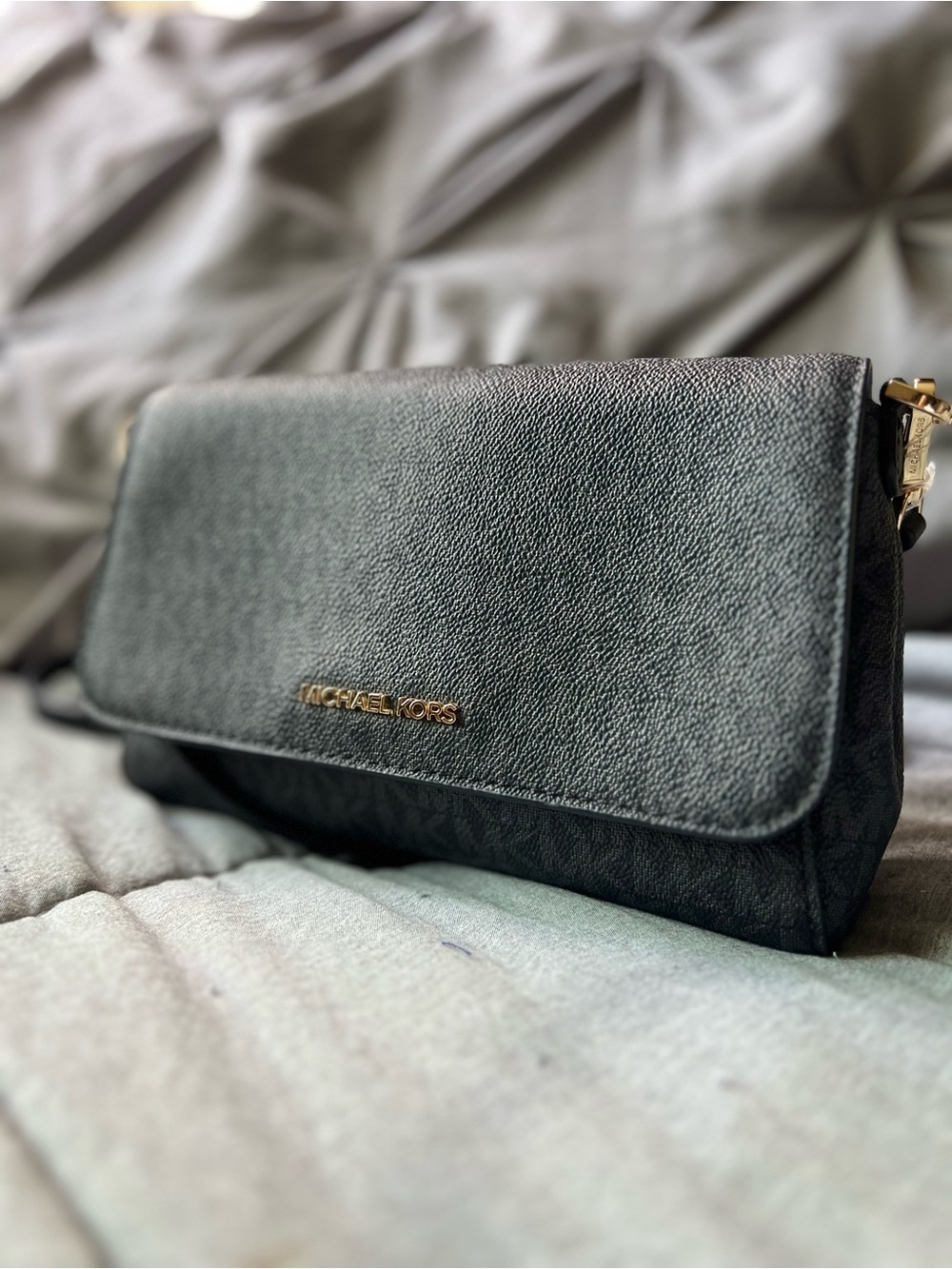 Michael Kors Black Leather Flap Crossbody with Gold Logo